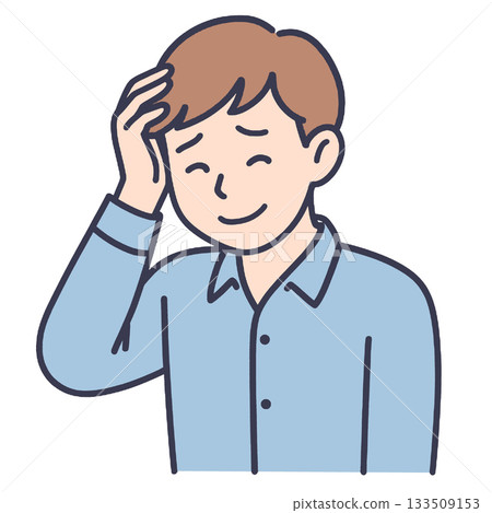 Smiling man touching head, light blue shirt, short brown hair, cheerful expression 133509153