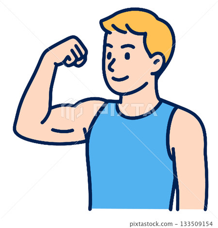 Muscular man flexing arm in blue tank top, smiling with confidence and strength 133509154