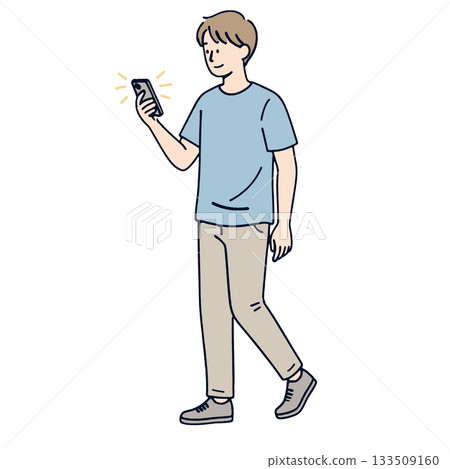 Young man walking while smiling and looking at smartphone, casual style, cheerful mood 133509160