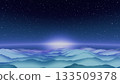 Abstract landscape with blue cyan gradient wavy layers, glowing horizon light and starry night sky, tranquil ethereal atmosphere background 133509378