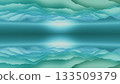 Minimalist abstract composition with symmetrical cyan turquoise wavy layers and smooth gradient, calm atmospheric mirrored background 133509379