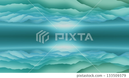 Minimalist abstract composition with symmetrical cyan turquoise wavy layers and smooth gradient, calm atmospheric mirrored background 133509379