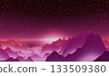 Vibrant layered mountain silhouettes in magenta purple pink gradient with starry cosmic sky, abstract retro synthwave landscape background 133509380
