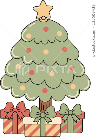 Cute Cartoon Christmas Tree with Presents and Star Topper 133509439