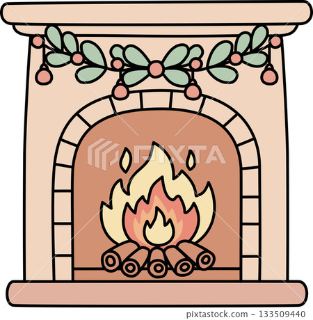 Cozy Christmas Fireplace with Garland Decoration and Burning Logs Cozy Christmas Fireplace with Garland Decoration and Burning Logs 133509440