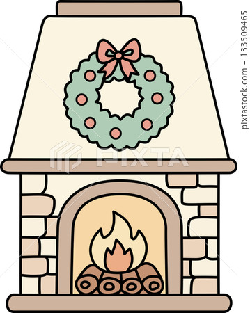 Cozy Christmas Fireplace with Wreath and Burning Fire Cozy Christmas Fireplace with Wreath and Burning Fire 133509465