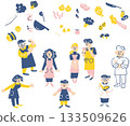 People wearing aprons and enjoying cooking. Illustrations for white background with undergarments. People enjoying cooking series. 133509626