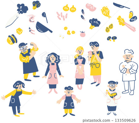 People wearing aprons and enjoying cooking. Illustrations for white background with undergarments. People enjoying cooking series. 133509626