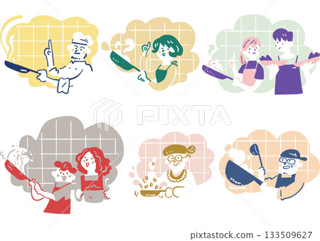 Various people cooking with frying pans People enjoying cooking series Various people cooking with frying pans People enjoying cooking series 133509627