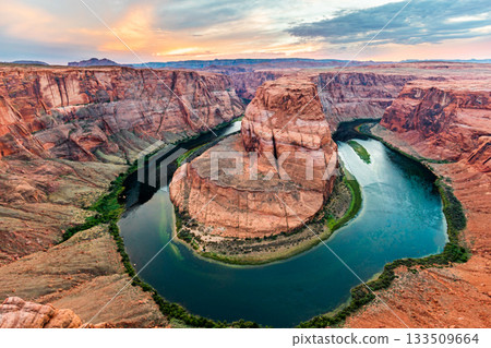Horseshoe Bend Landscape with Cool Blue River Water and Red Cliffs Horseshoe Bend Landscape with Cool Blue River Water and Red Cliffs 133509664