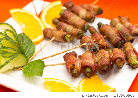 Close-up of Bacon-Wrapped Asparagus Skewers Close-up of Bacon-Wrapped Asparagus Skewers 133509665