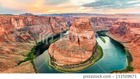 Wide View of Horseshoe Bend Sunset Glow on Red Cliffs Wide View of Horseshoe Bend Sunset Glow on Red Cliffs 133509671