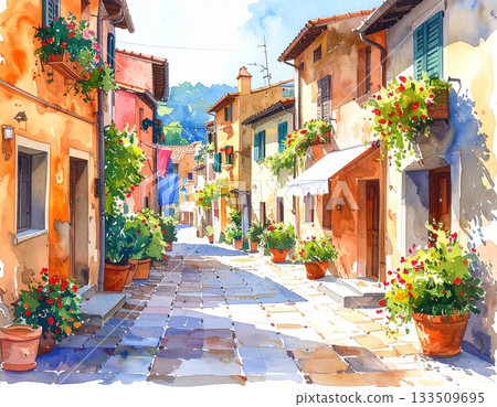 A beautiful Italian village streetscape, with light streaming through the cobblestone streets and colorful potted flowers. A beautiful Italian village streetscape, with light streaming through the cobblestone streets and colorful potted flowers. 133509695