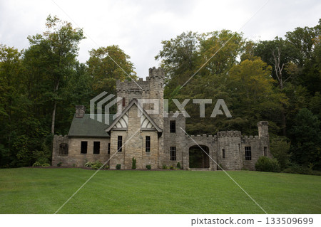 Stone Folly or Castle Ruins in Lush Green Forest Setting 133509699