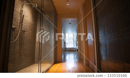 Interior View Modern Bathroom Shower and Hallway Leading to Bedroom Area 133510160