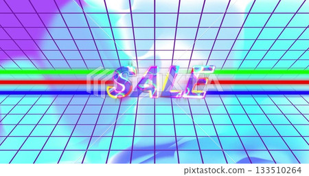 Floating 3D SALE text glowing in neon-themed room, with grid-patterned surfaces and neon stripes 133510264
