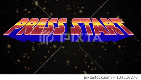 Bold 3D PRESS START text floating in outer space, with gradient effect, blue shadow, golden stars 133510276