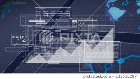 Floating translucent UI panels displaying tables and line charts on grid interface with world map Floating translucent UI panels displaying tables and line charts on grid interface with world map 133510297