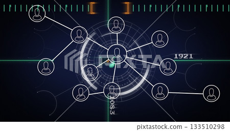 Displaying concentric radar interface pulsing over blue grid with user avatars and numeric overlay Displaying concentric radar interface pulsing over blue grid with user avatars and numeric overlay 133510298
