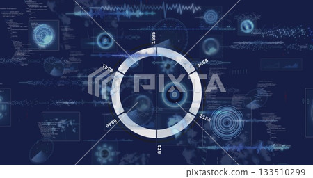 Showing segmented ring chart glowing white-blue on interface, with HUD charts and code panels Showing segmented ring chart glowing white-blue on interface, with HUD charts and code panels 133510299