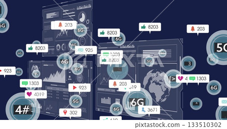 Displaying UI panels showing charts and world map on dark blue, with 5G or 6G badges and notificatio 133510302