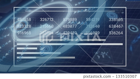 Displaying hologram hovering over circuit board, with numeric readouts charts reticles and map icon Displaying hologram hovering over circuit board, with numeric readouts charts reticles and map icon 133510307