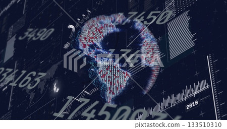 Displaying rotating 3D digital globe of data points on virtual dashboard, with bar graphs Displaying rotating 3D digital globe of data points on virtual dashboard, with bar graphs 133510310
