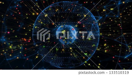 Glowing wireframe globe representing Earth streaming multicolored data nodes within network mesh 133510319