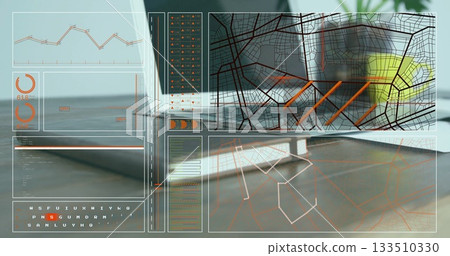 Displaying HUD UI in office with panels: graph, gauge, map, code-sequence, table and path diagram Displaying HUD UI in office with panels: graph, gauge, map, code-sequence, table and path diagram 133510330