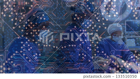 Operating surgeons performing incision in OR under surgical lights, with circuitboard overlay 133510350