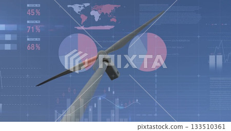 Showing wind turbine nacelle, rotor hub and blade spinning at wind farm with digital data overlays Showing wind turbine nacelle, rotor hub and blade spinning at wind farm with digital data overlays 133510361