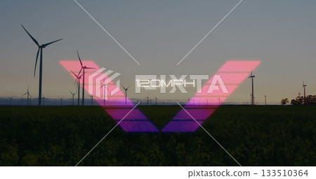Displaying chevron overlay spanning green crop field at dusk, with wind turbines and 120MPH text Displaying chevron overlay spanning green crop field at dusk, with wind turbines and 120MPH text 133510364
