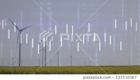 Towering large wind turbines spinning across rural plain, with dense yellow flowering crop field 133510367