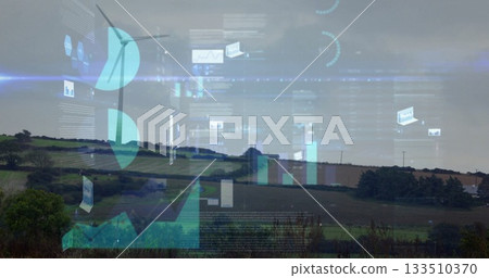 Displaying wind turbine rotating on ridge in rural farmland, showing data overlays, copy space 133510370
