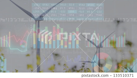 Displaying two wind turbines rising between tall grass at wind farm, with financial chart overlays Displaying two wind turbines rising between tall grass at wind farm, with financial chart overlays 133510371