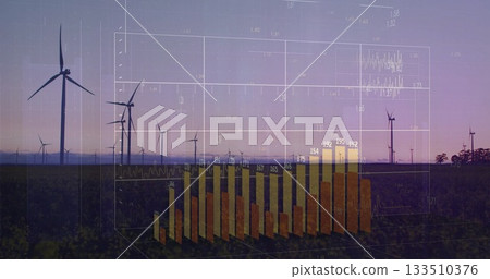 Displaying wind turbines rising on grassy plain at dusk, with translucent 3D grid, bars, labels 133510376