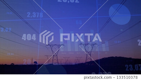 Displaying metal lattice towers and power cables across rural hills at dusk, with data overlays Displaying metal lattice towers and power cables across rural hills at dusk, with data overlays 133510378