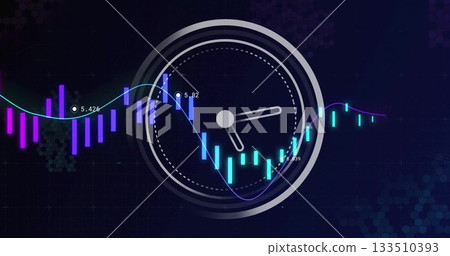 Displaying circular analog clock overlaying dashboard, with bar charts, line charts and data labels Displaying circular analog clock overlaying dashboard, with bar charts, line charts and data labels 133510393