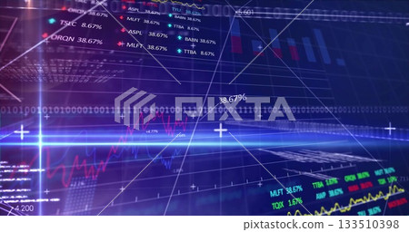 Streaming financial data on holographic display, with grid, binary, percentages, tickers and charts 133510398