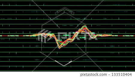 Showing multicolored waveform undulating on screen, neon green grid, hex overlay and numeric labels Showing multicolored waveform undulating on screen, neon green grid, hex overlay and numeric labels 133510404