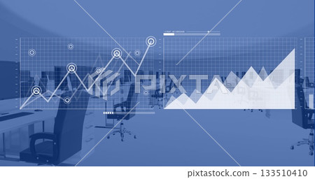 Displaying two digital charts floating over modern office, with desks, monitors and swivel chairs Displaying two digital charts floating over modern office, with desks, monitors and swivel chairs 133510410