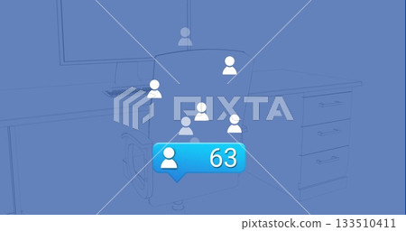 Displaying swivel chair showcasing user icons and blue bubble at office desk with drawers 133510411