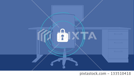 Displaying padlock icon with concentric overlays over office desk, highlighting security Displaying padlock icon with concentric overlays over office desk, highlighting security 133510418
