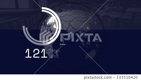 Displaying globe pulsing rings with node markers on control room display, with numeric readout 121 Displaying globe pulsing rings with node markers on control room display, with numeric readout 121 133510420