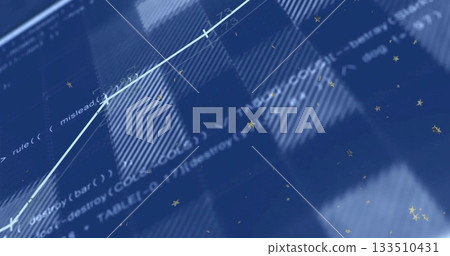 Displaying light-blue line graph rising on digital dashboard, with code text and golden stars Displaying light-blue line graph rising on digital dashboard, with code text and golden stars 133510431