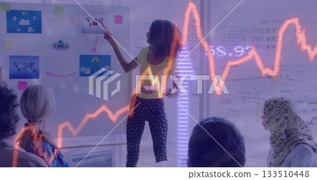 Pointing curly-haired presenter discussing strategy at conference room with whiteboard visuals 133510448