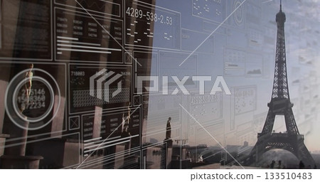 Floating panels overlaying Paris skyline at dusk, showing charts and Eiffel Tower, copy space Floating panels overlaying Paris skyline at dusk, showing charts and Eiffel Tower, copy space 133510483