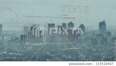 Showing digital interface overlaying skyline, featuring numeric grids and network nodes in haze 133510487