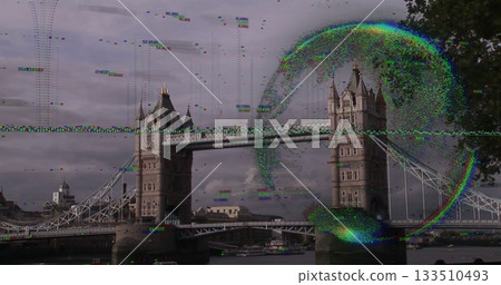 Displaying stone towers and metal cables spanning river in London, bubble distortion and glitches 133510493