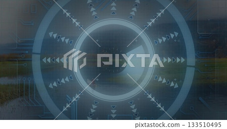 Overlaying circular interface blending into lakeside marsh, with concentric rings and radial arrows Overlaying circular interface blending into lakeside marsh, with concentric rings and radial arrows 133510495